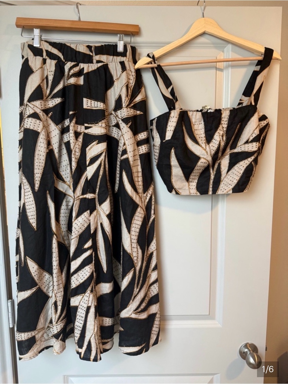 Magaschoni resort wear set maxi skirt cream black tropical print with beads